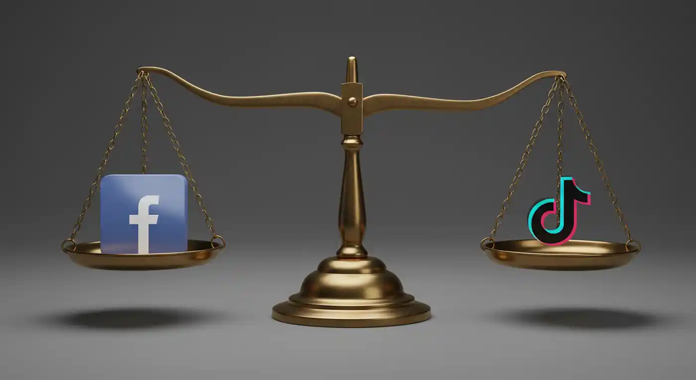 ميزان يوازن بين فيسبوك وتيك توك.