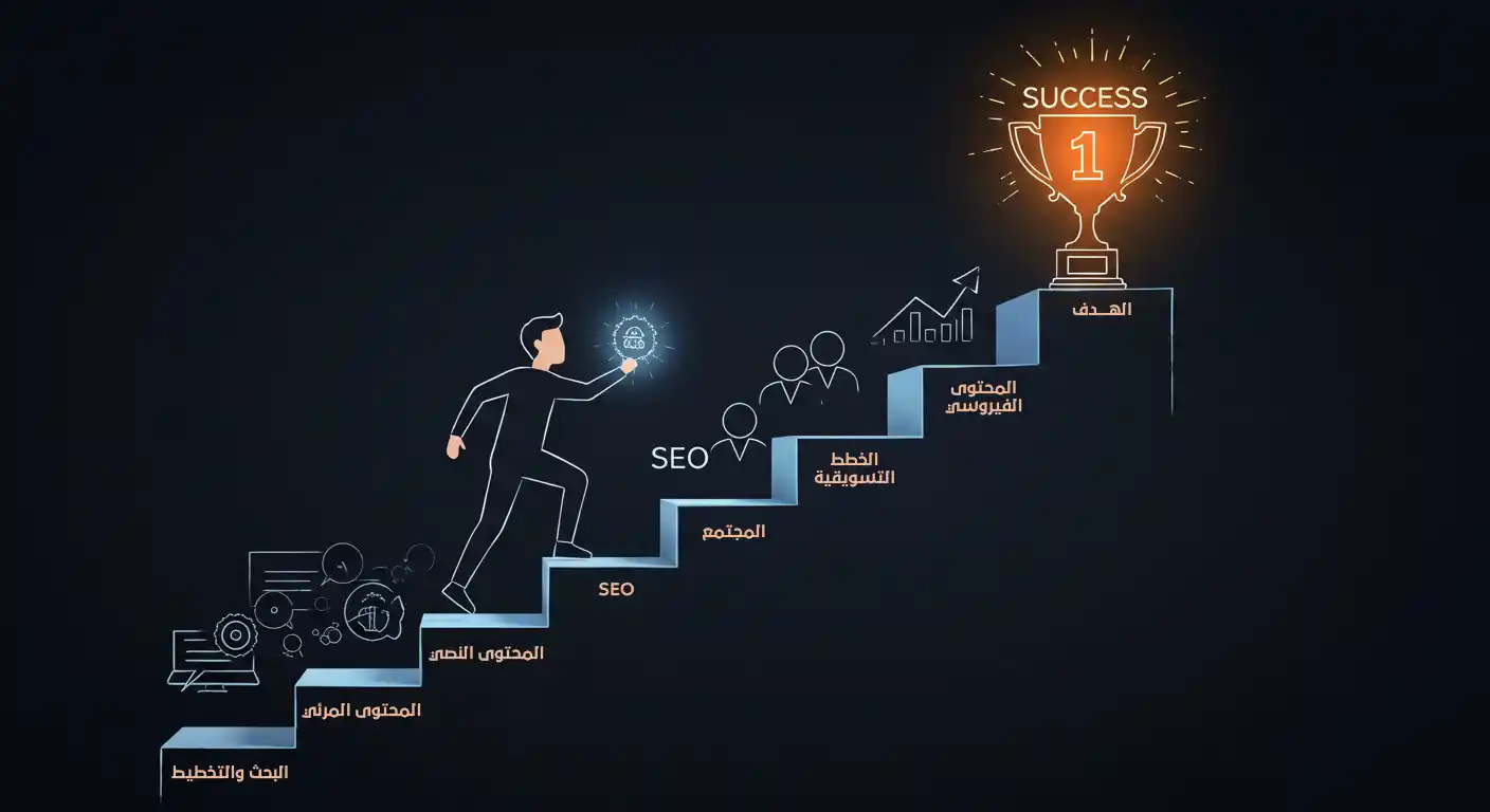 شخص يصعد سلماً من استراتيجيات التسويق نحو النجاح.