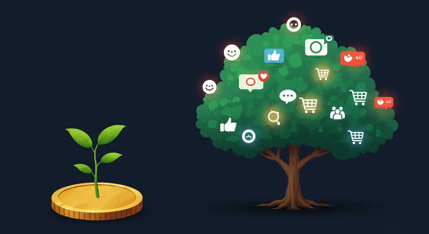 نبتة تنمو من ليرة سورية واحدة لترمز للنمو من ميزانية محدودة.