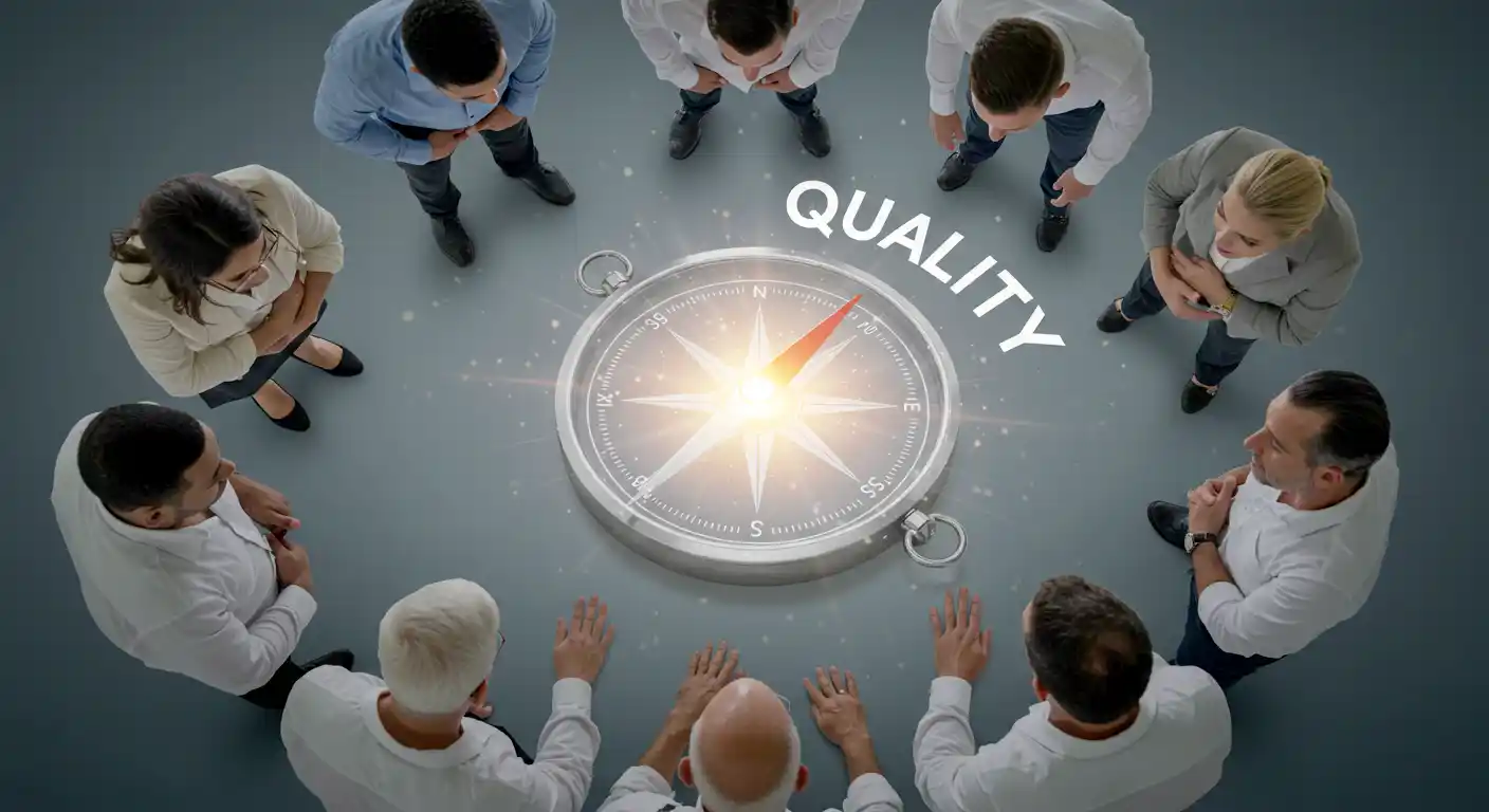 فريق عمل متنوع ينظر إلى بوصلة مضيئة في المنتصف ترمز لقيم الشركة.