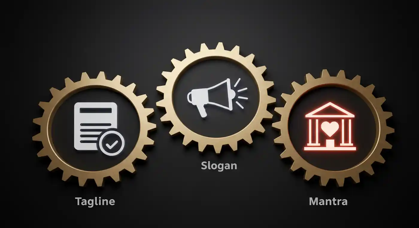 تروس متداخلة ترمز للعلاقة بين التاج لاين والسلوجان والمنترا في بناء العلامة التجارية.