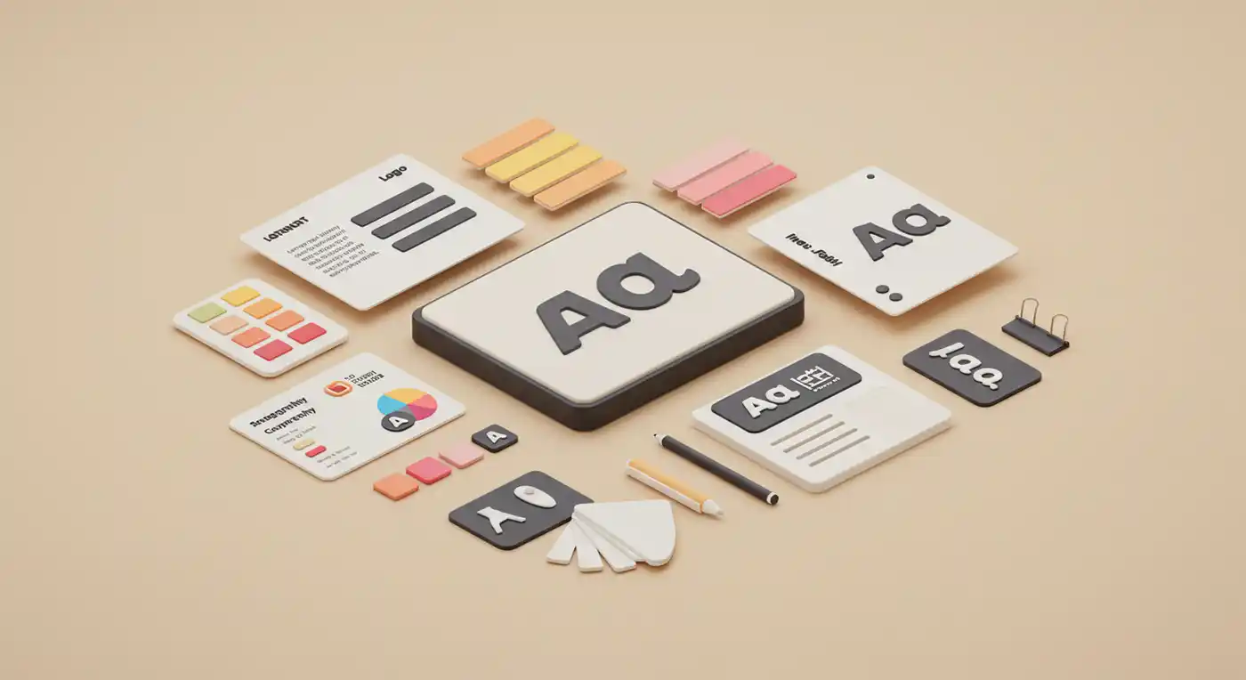 مكونات الهوية البصرية: شعار، ألوان، خطوط، وصور تتجمع معاً.