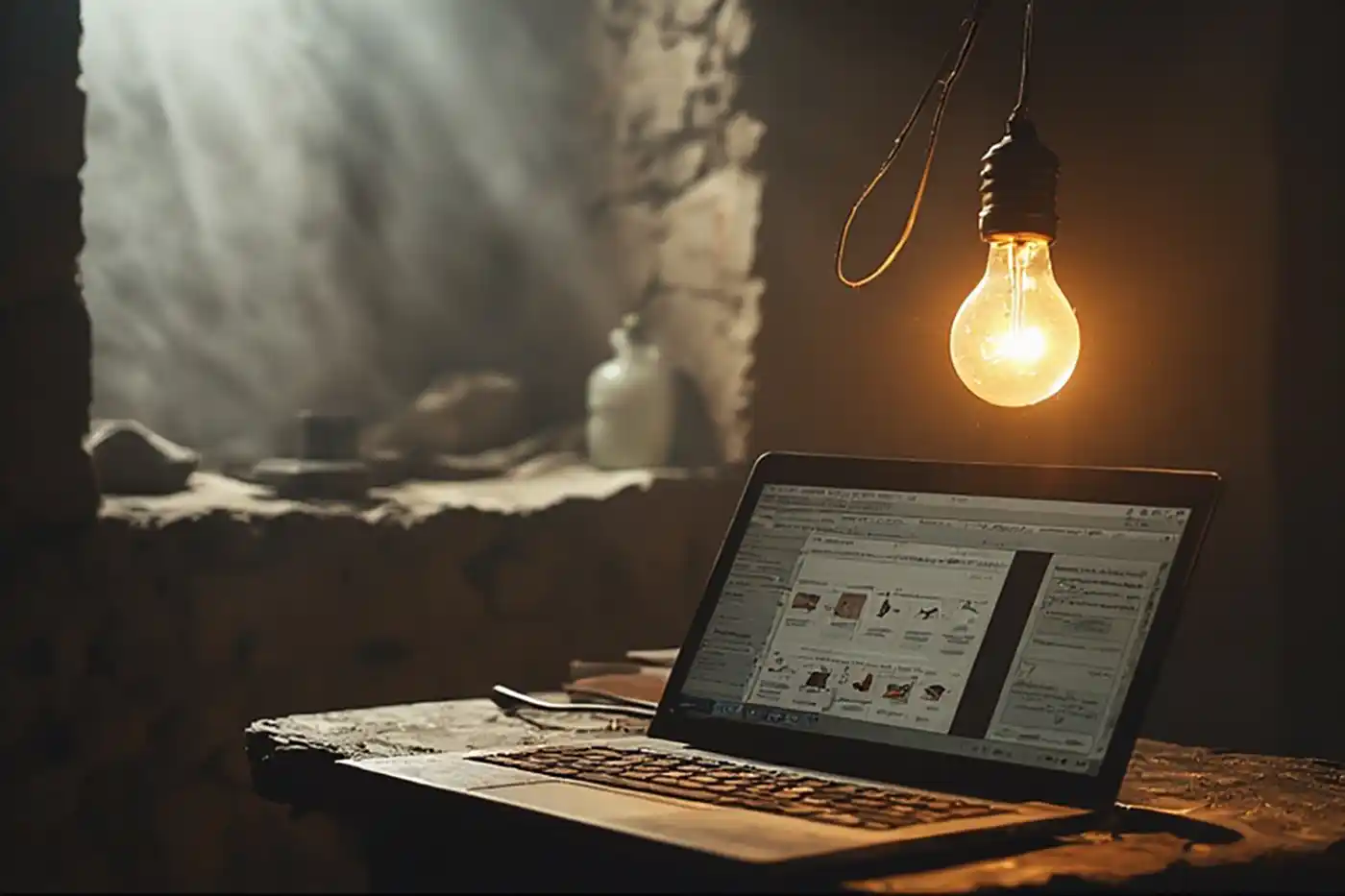 مصباح مضيء يعمل بواسطة بطارية صغيرة وينير جهاز لابتوب.