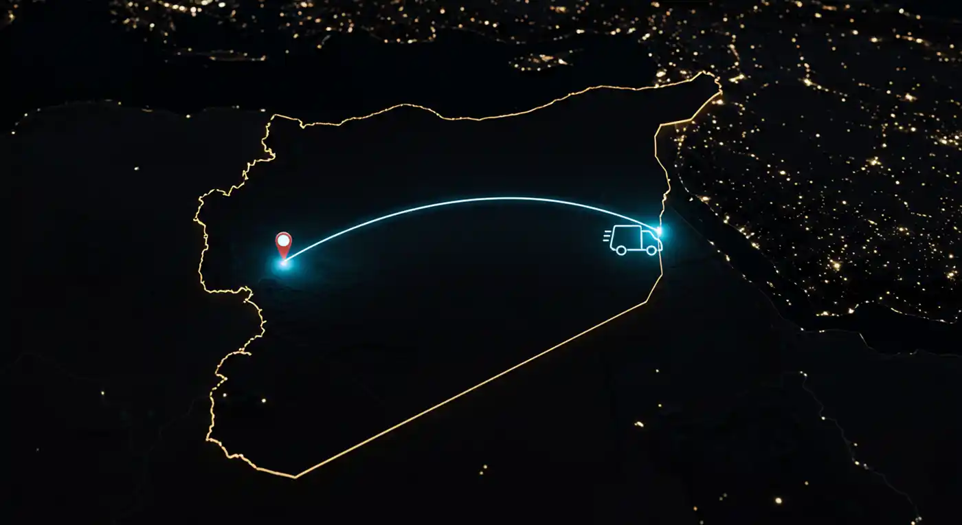 خريطة سوريا ثلاثية الأبعاد يربط بينها خط مضيء من دمشق إلى حلب.