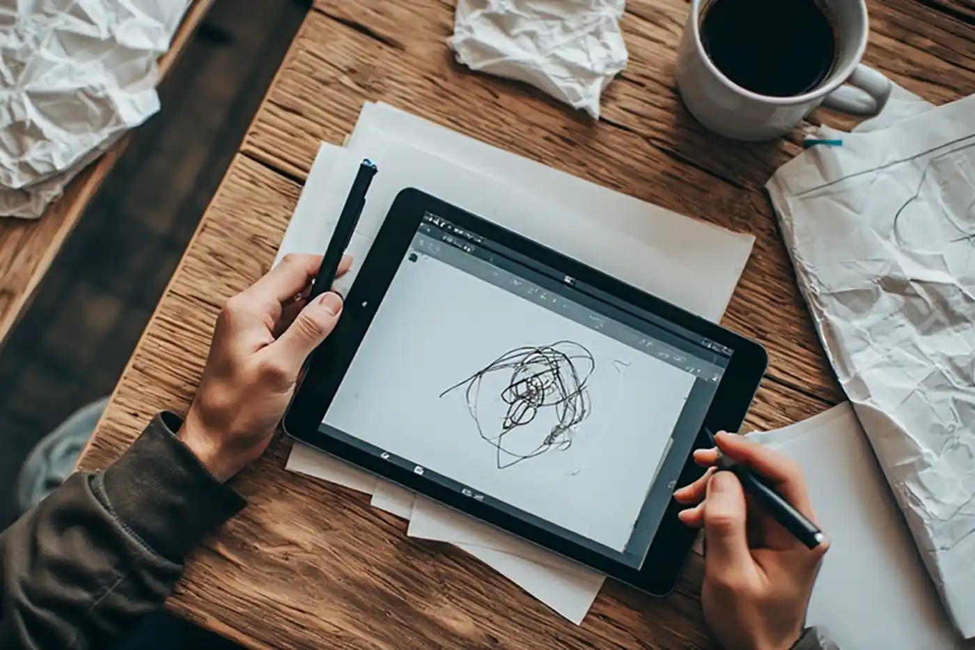 شاشة تابلت تظهر عملية تصميم شعار سريعة وغير مدروسة.