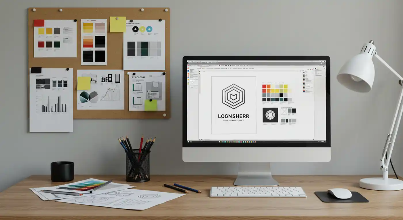 مكتب مصمم محترف ومنظم يعرض مراحل تصميم الهوية من البحث إلى التنفيذ.