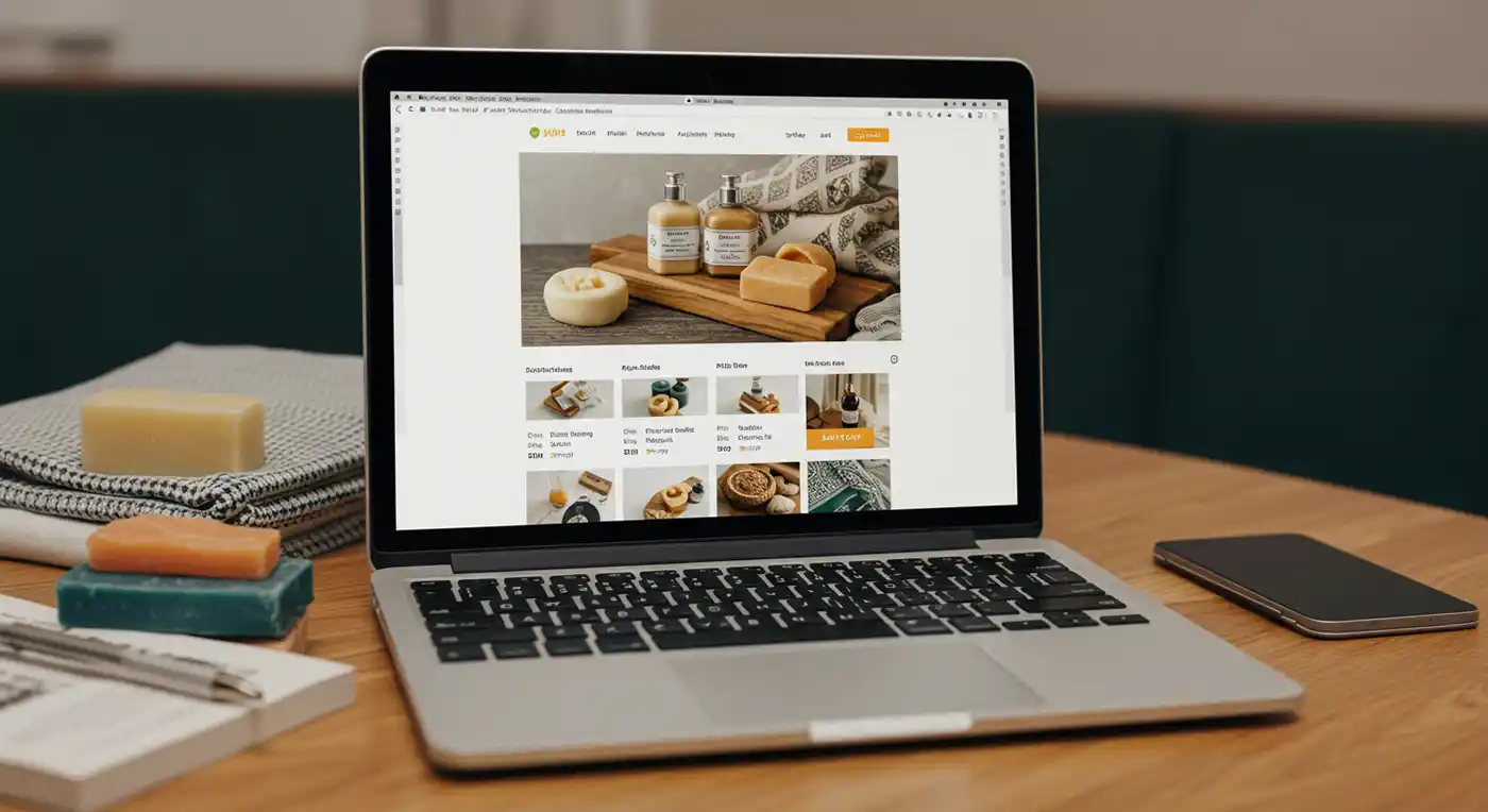 شاشة لابتوب تعرض متجراً إلكترونياً سورياً أنيقاً ومنظماً.
