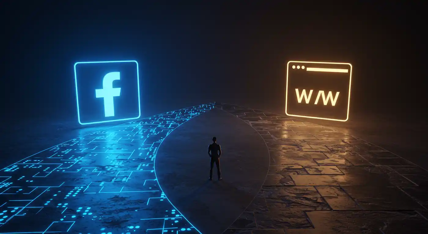 شخص يقف عند مفترق طرق، طريق يؤدي إلى أيقونة فيسبوك والآخر يؤدي إلى أيقونة موقع إلكتروني احترافي.