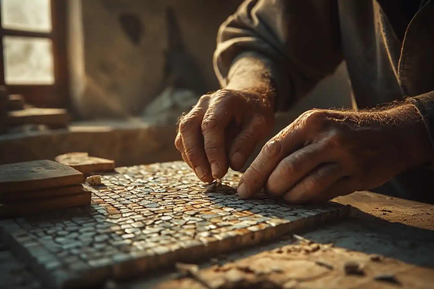 صورة مقربة ليدي حرفي سوري تعمل على قطعة فنية.