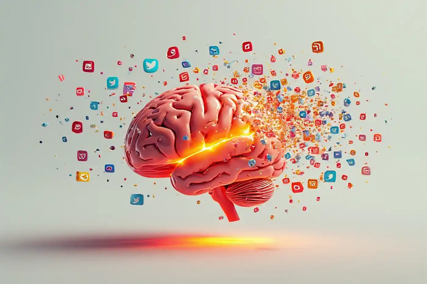 عقل بشري يفيض بأيقونات سوشيال ميديا ملونة ومضيئة.