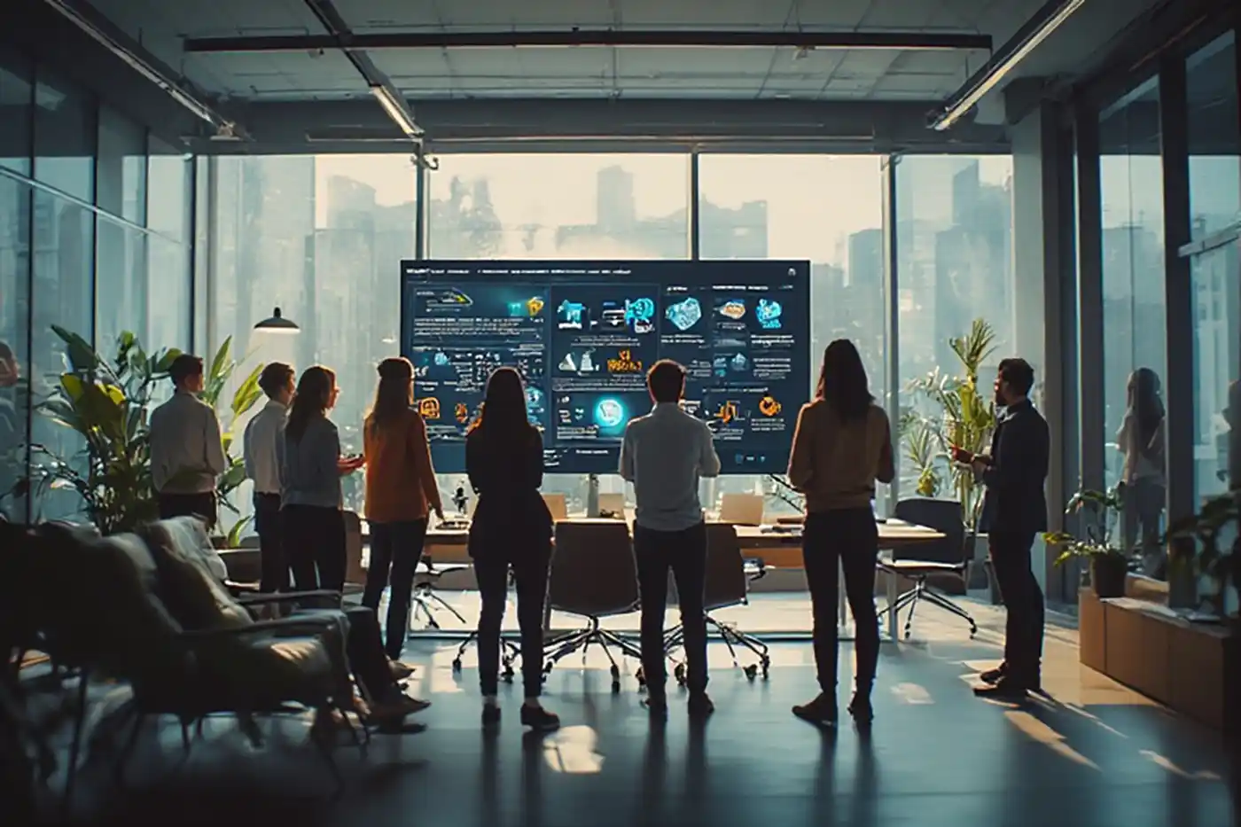 فريق عمل في وكالة إعلانية كبرى يناقش استراتيجية علامة تجارية أمام شاشة كبيرة.