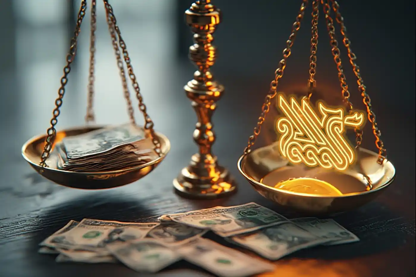ميزان يوازن بين كومة من الليرات السورية وشعار احترافي مضيء، رمزاً للاستثمار في التصميم.