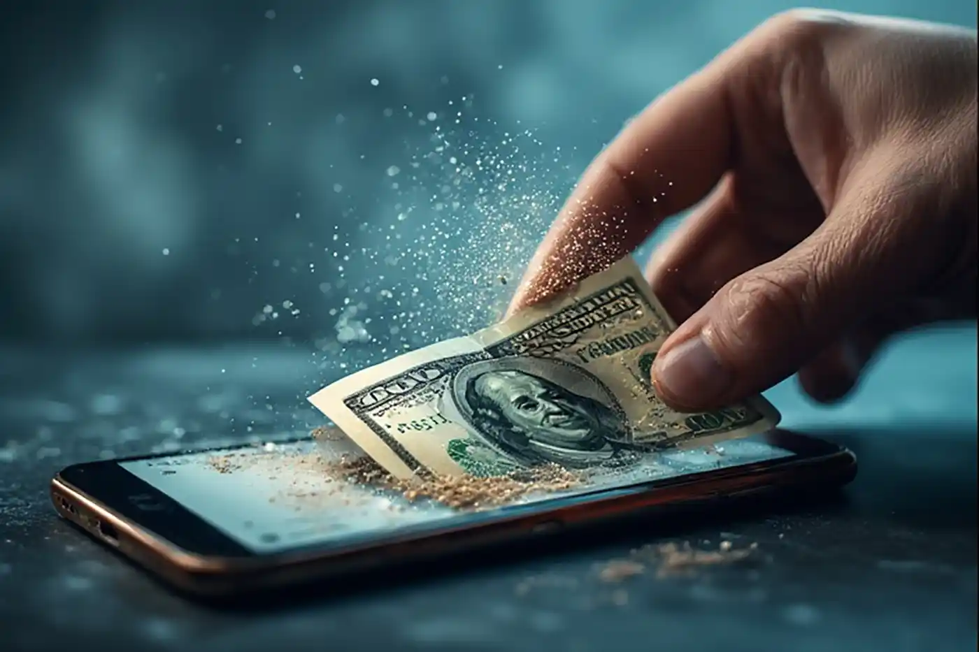 يد تضع نقوداً ورقية في شاشة هاتف محمول وتختفي دون أي أثر.