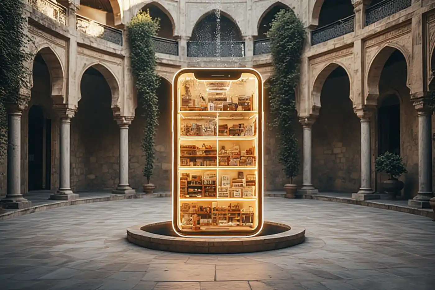 ساحة سوق قديمة في دمشق يتوسطها هاتف ذكي مضيء يعرض متجراً إلكترونياً.