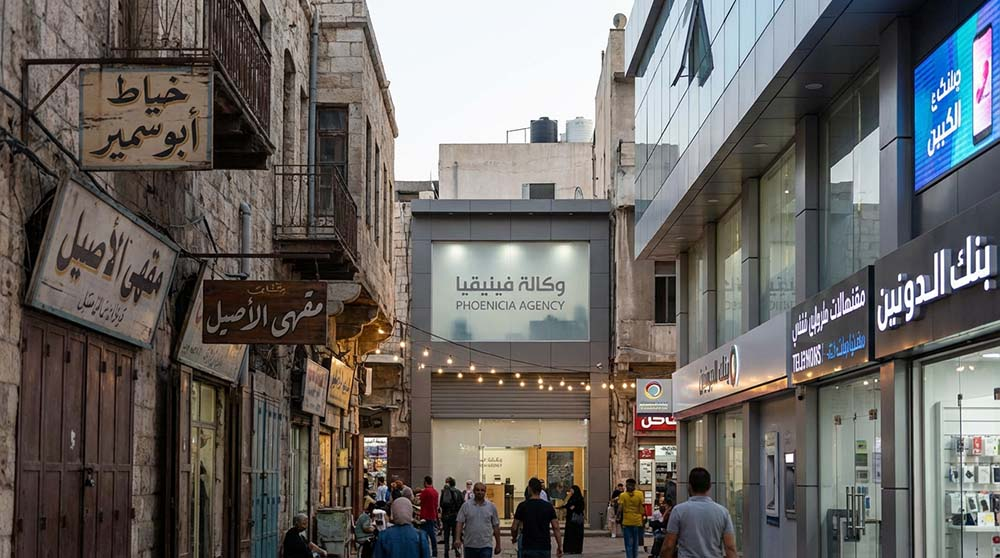 شارع في مدينة شرق أوسطية يوضح الفرق بين اللافتات القديمة والحديثة