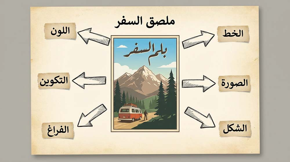 مخطط يوضح عناصر تصميم الجرافيك الأساسية مثل اللون والخط والشكل