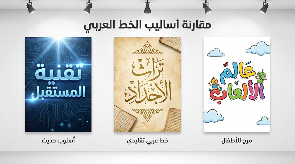 مقارنة بين ثلاثة أنواع من الخطوط العربية: عصري، تقليدي، وطفولي