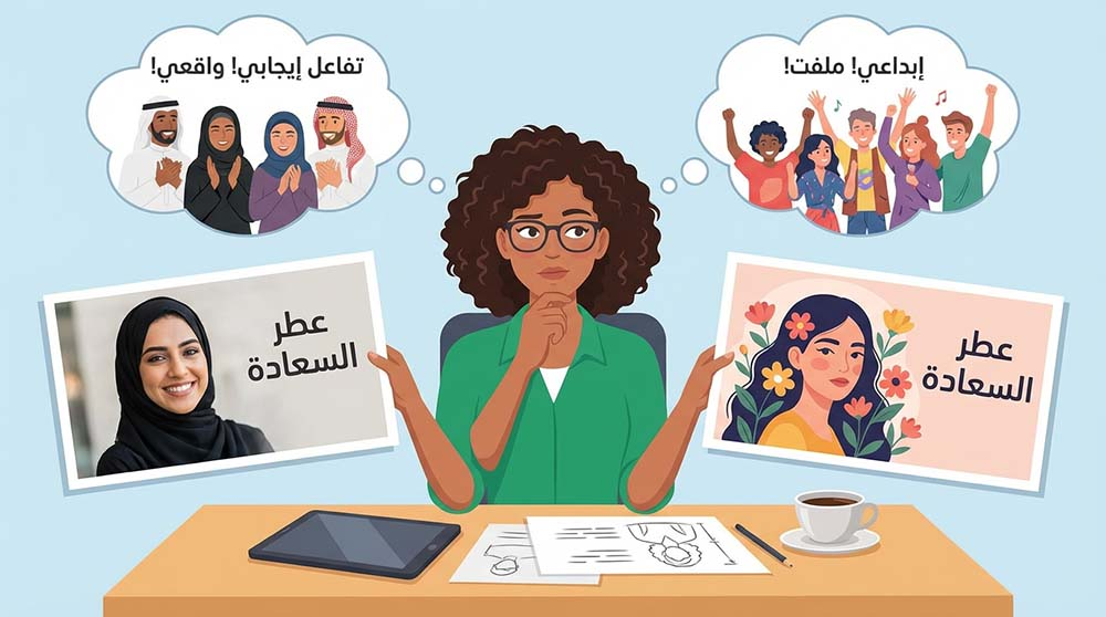 مصمم يختار بين استخدام صورة فوتوغرافية أو رسم توضيحي في إعلان