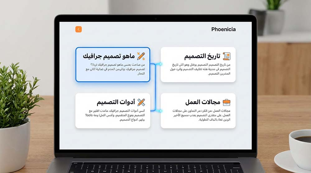 شاشة لابتوب تعرض مقالات فينيقيا المتصلة التي تشرح تصميم الجرافيك
