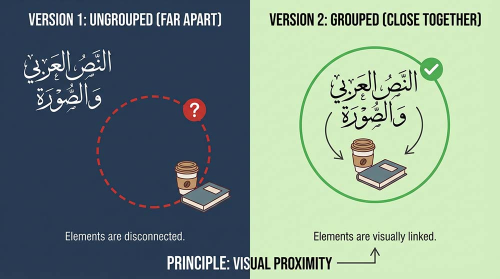 شرح مبدأ القرب من خلال تجميع العناصر ذات الصلة معًا في التصميم
