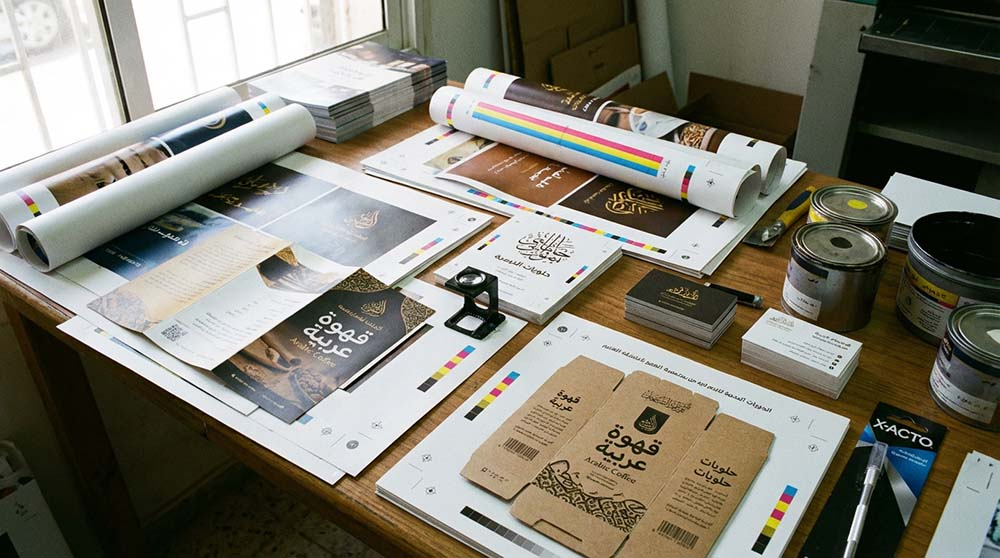 طاولة عرض لمواد مطبوعة متنوعة مثل البروشورات والبطاقات الشخصية