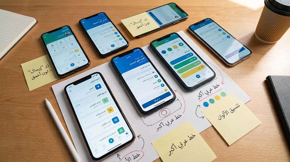 شاشات متعددة لتطبيق جوال توضح عملية تصميم واجهة المستخدم