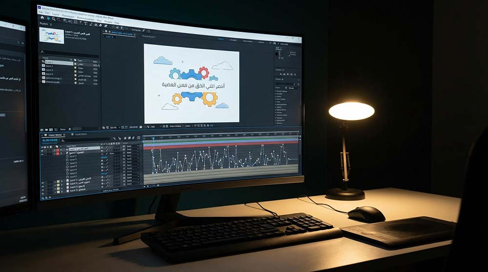 مساحة عمل لمشروع موشن جرافيك تظهر الخط الزمني والطبقات المتحركة