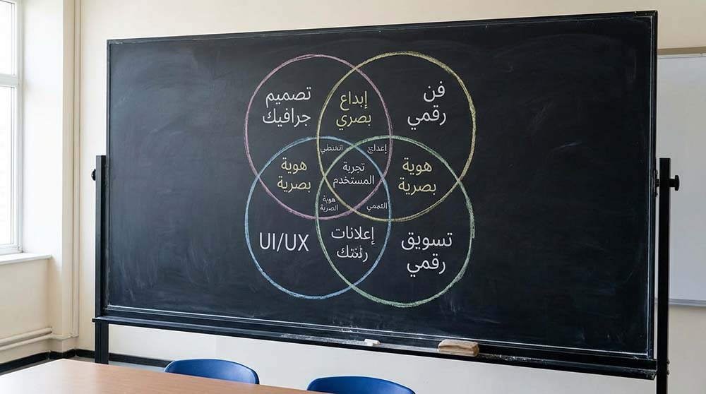 مخطط فن يوضح الفروقات والتقاطعات بين تصميم الجرافيك والمجالات الأخرى