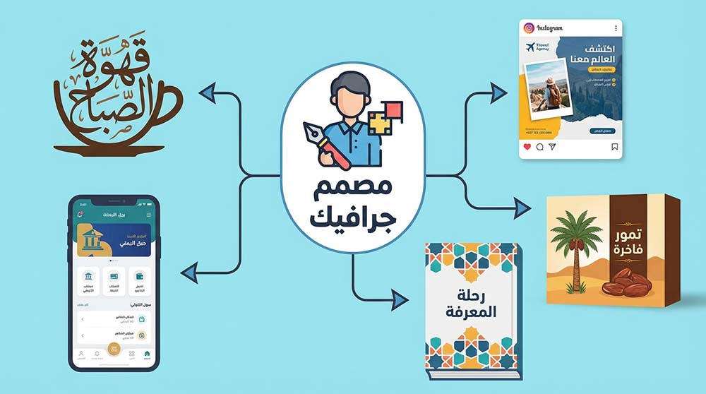 مجموعة من منتجات تصميم الجرافيك مثل الشعار والبوستر والغلاف