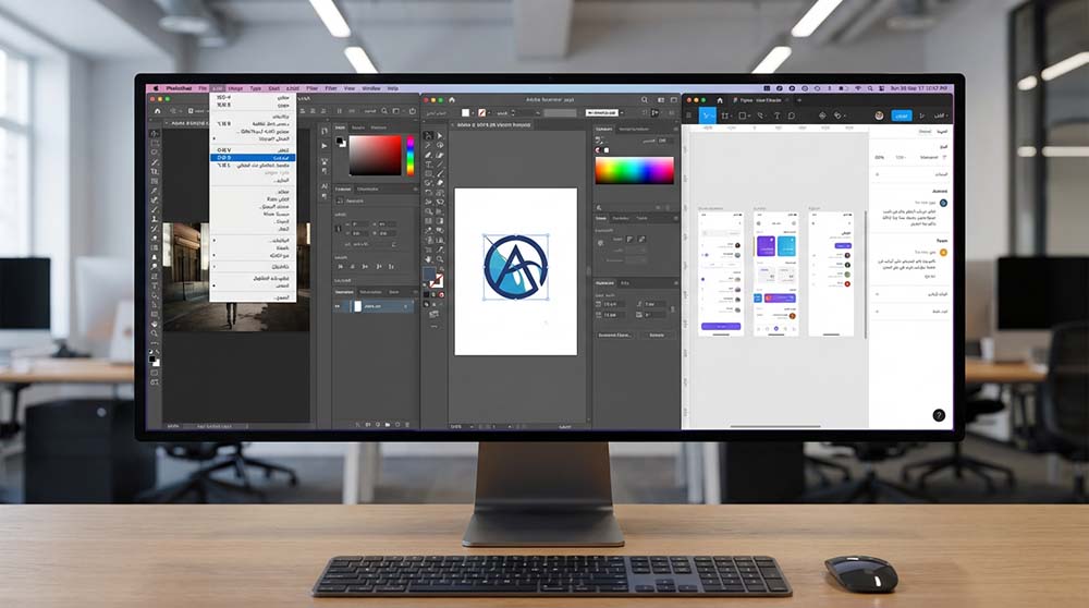 شاشة تعرض واجهات برامج التصميم الأساسية باللغة العربية