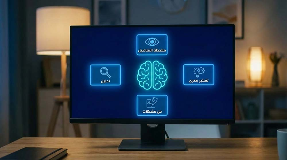 أيقونة دماغ محاطة بالمهارات الفكرية والبصرية للمصمم