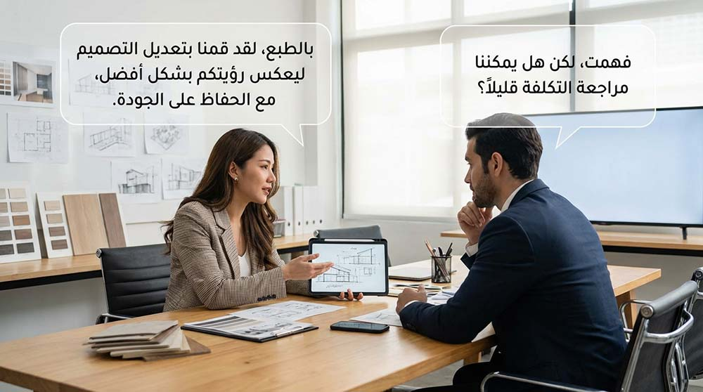 مصمم في اجتماع يتواصل بفعالية مع أحد العملاء