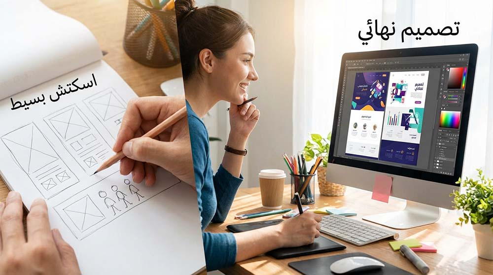 مقارنة بين اسكتش بسيط وتصميم نهائي لإظهار أن الرسم المتقن ليس شرطاً