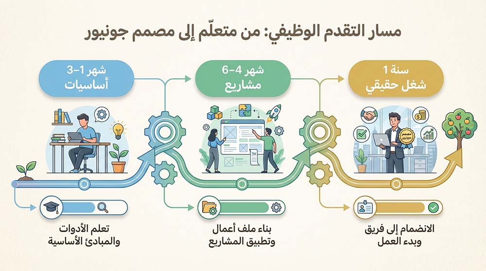 خط زمني مقترح للوصول إلى مستوى مصمم مبتدئ خلال 6-9 أشهر