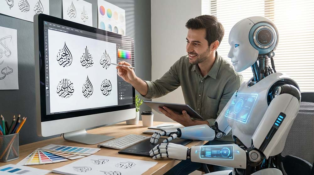 رسم يوضح التعاون بين المصمم البشري والذكاء الاصطناعي في المستقبل