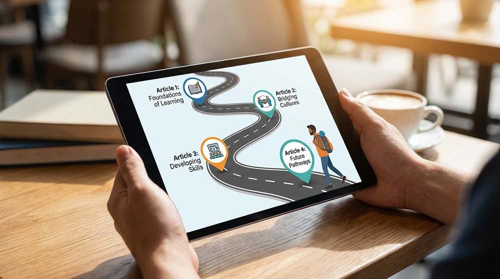 خريطة طريق على جهاز لوحي تعرض مقالات فينيقيا كمعالم في رحلة التعلم