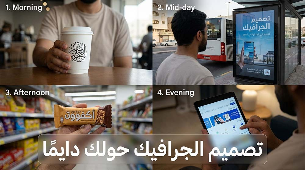 مونتاج يوضح كيف يحيط تصميم الجرافيك بحياتنا اليومية من الصباح إلى المساء