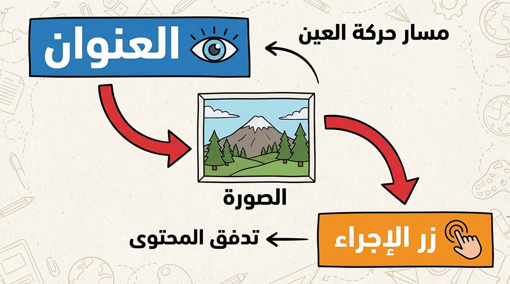 بوستر يوضح مسار عين المشاهد من العنوان للصورة ثم زر الإجراء