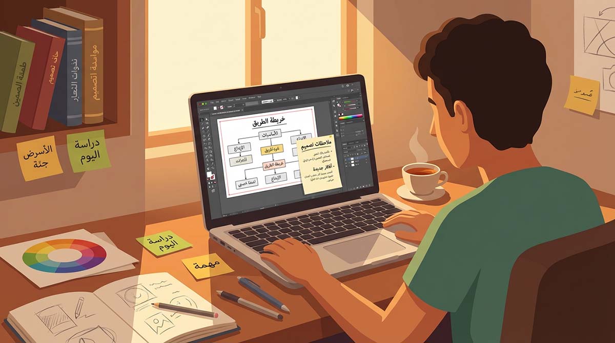 شاب سوري يتعلم تصميم الجرافيك في دمشق باستخدام رودماب 2026