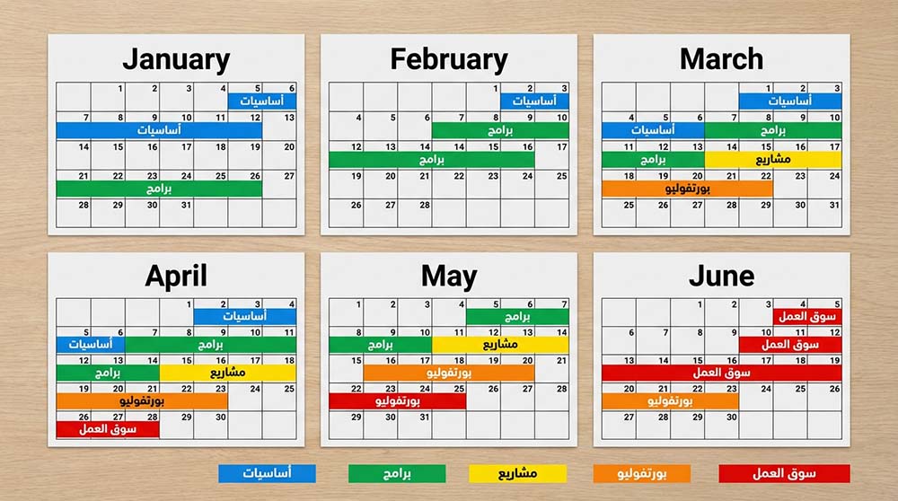 تقويم يوضح خطة تعلم تصميم الجرافيك على مدار 6 أشهر