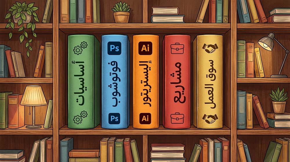 رف كتب يمثل المصادر المقترحة لكل مرحلة من مراحل تعلم الجرافيك