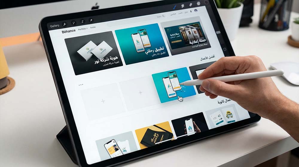 شخص يرتب أفضل أعماله في بورتفوليو على Behance لجذب العملاء