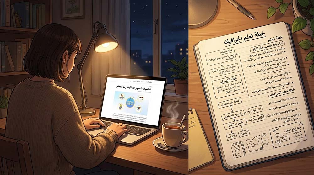 شخص يقرأ مقالات فينيقيا ويدون ملاحظات في دفتره الخاص بالخطة