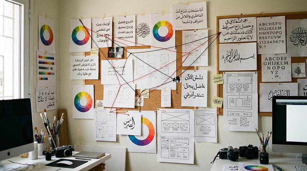لوحة إلهام تحتوي على عجلة ألوان وعينات خطوط عربية ورسومات