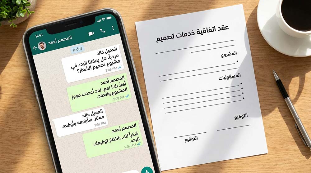 محادثة واتساب احترافية بين مصمم وعميل مع عقد عمل بسيط