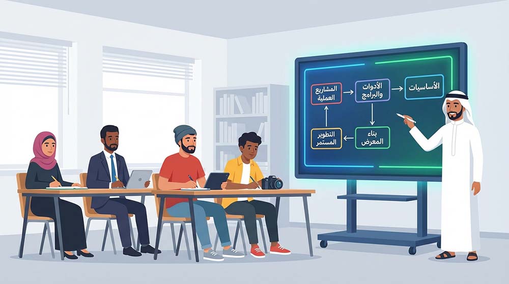 مدرس يشرح خريطة طريق تعلم الجرافيك لطلاب متنوعين