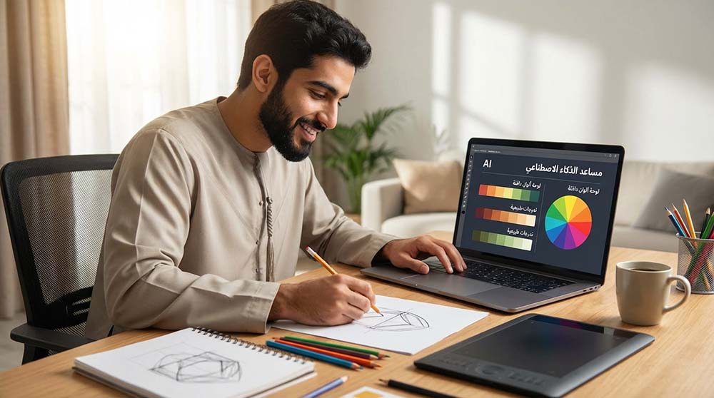 مصمم يستخدم الذكاء الاصطناعي كمساعد لاقتراح الألوان أثناء الرسم