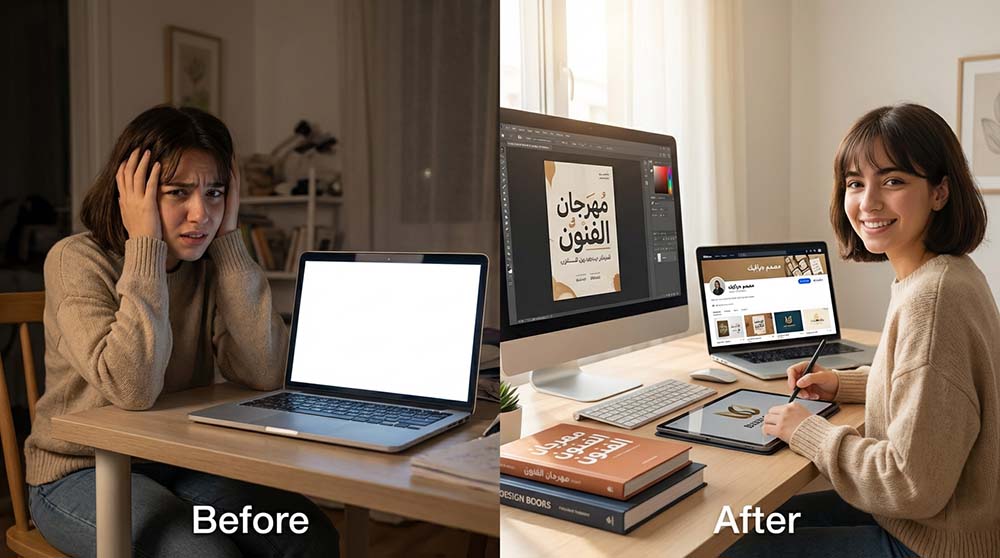 مقارنة بين المتعلم في البداية وبعد اكتساب الخبرة ليصبح مصمم جرافيك