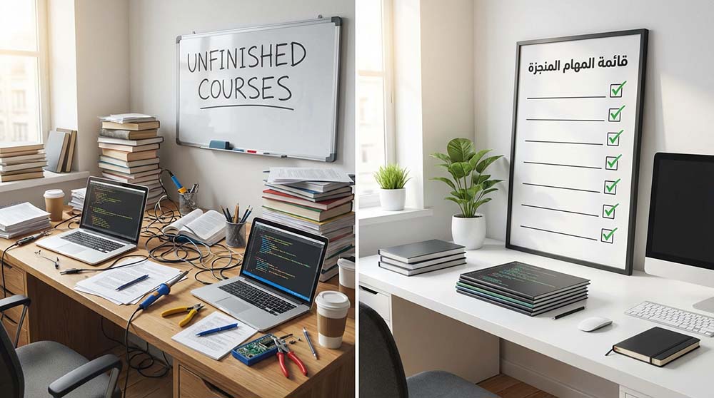 مقارنة بين مكتب فوضوي وآخر منظم يمثل طرق التعلم الصحيحة والخاطئة