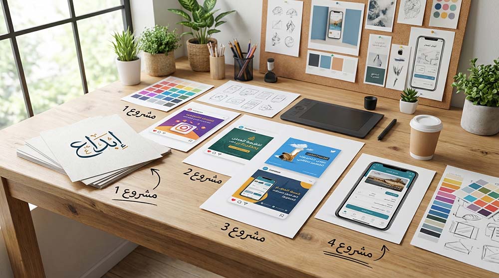 مكتب مصمم يعرض مشاريع تطبيقية وهمية (Mockups) متنوعة